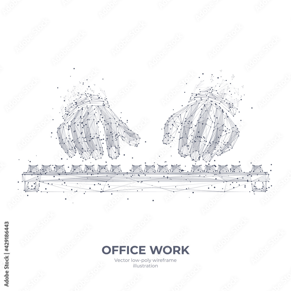 Poster digital 3d human hands typing on computer or laptop keyboard. office work, workplace or business con