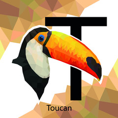 T letter animals set. English alphabet. Toucan Vector illustration. Colorful polygonal style. Toucan