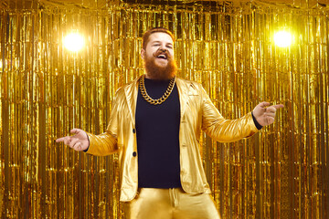 Happy chubby guy having fun at concert or disco party. Rich young man in shiny jacket and gold...