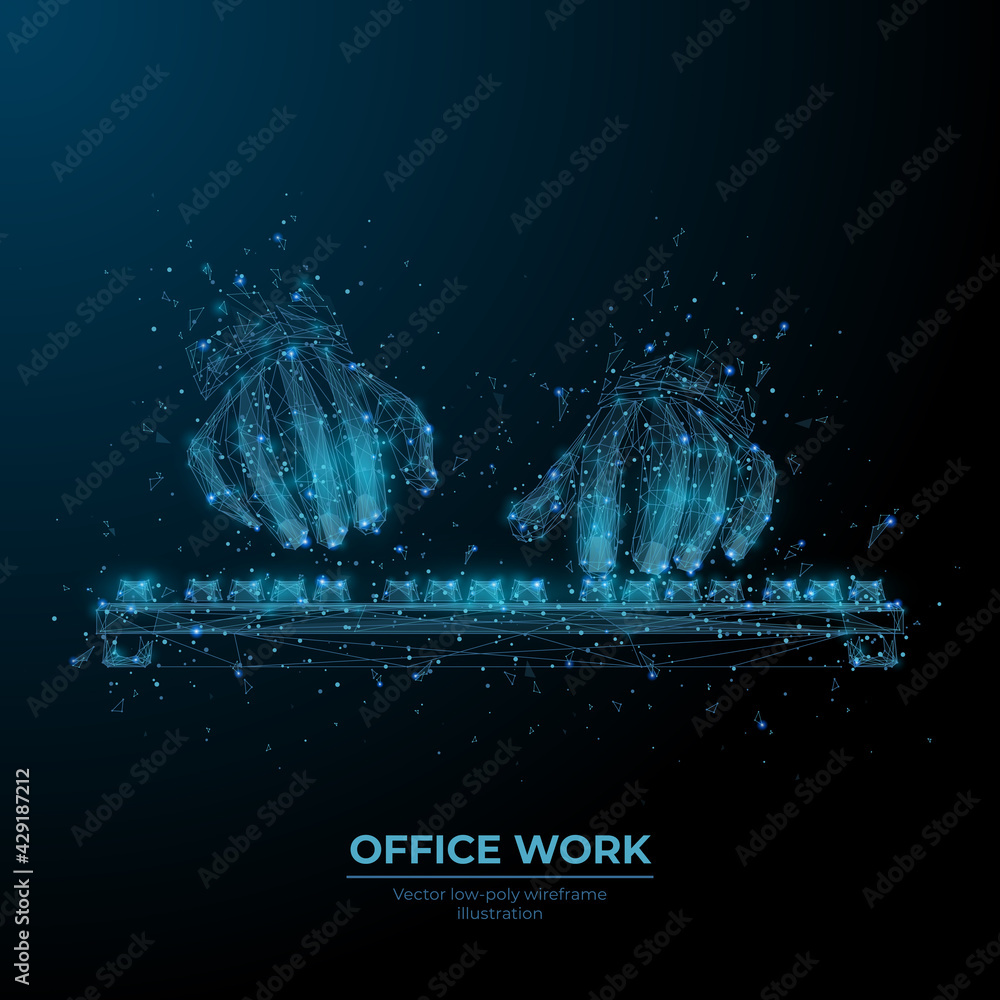 Poster Digital 3d human hands typing on computer or laptop keyboard in dark blue. Office work, workplace or business concept. Abstract vector low poly wireframe with dots, lines, stars and flying shapes 