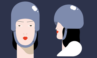 Summer collection. 
female portrait in a helmet in different positions. Vector illustration flat design. Use in Web Project and Applications.