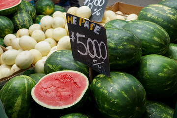 Juicy watermelons being sold at rural market in San Felipe, Chile