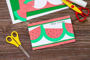Summer birthday card with watermelons with birthday greetings. Handmade. Childrens creativity...