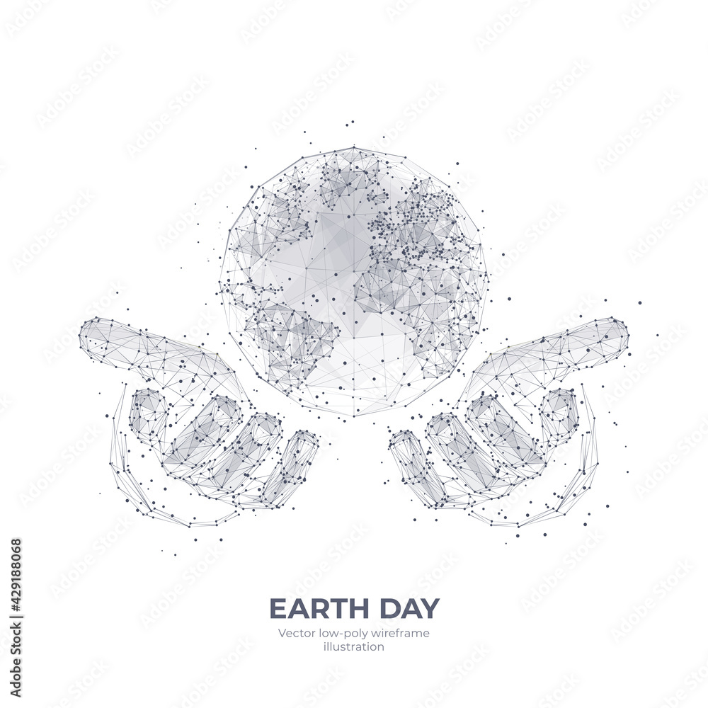 Poster Abstract 3d hands holding Earth. Digital vector world globe wireframe. Earth Day, environment, save planet concept isolated in white. Low poly sketch drawing with connected dots, lines and triangles 