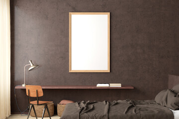 Vertical blank poster frame mock up on the brown  concrete wall in interior of industrial bedroom.