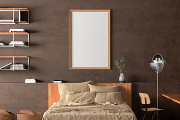 Vertical blank poster frame mock up on the brown  concrete wall in interior of industrial bedroom.
