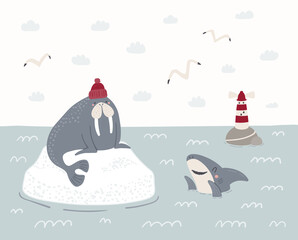 Cute walrus on an iceberg, shark, lighthouse, gulls. Childish sea, ocean landscape. Hand drawn vector illustration. Scandinavian style flat design. Concept for nautical kids print, poster, wallpaper. © Maria Skrigan