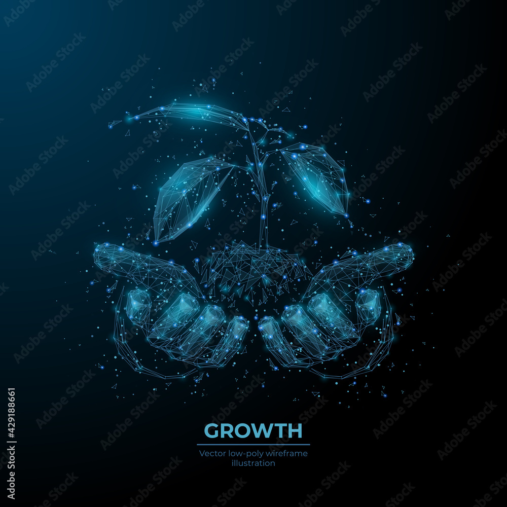 Poster digital 3d hands holding soil with sprout in dark blue. abstract vector wireframe of plant. growth, 