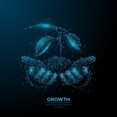 Digital 3d hands holding soil with sprout in dark blue. Abstract vector wireframe of plant. Growth, environment, nature, ecology concept. Polygonal mesh with dots, lines, shapes and flying particles  © AntonKhrupinArt