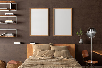 Two vertical  blank posters frames blank poster frame mock up on the brown  concrete wall in interior of industrial bedroom.