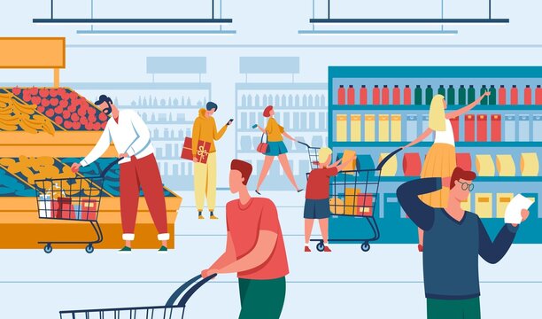 People in store. Men and women shopping at supermarket. Customers purchasing products. Grocery store, retail shop with consumers vector illustration. Guy buying vegetable and fruit