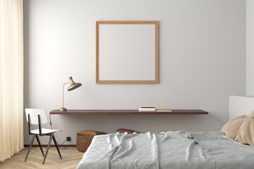Square blank poster frame mock up on the white wall in interior of modern bedroom.