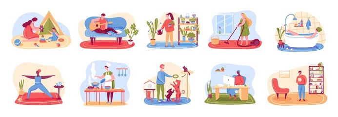 Naklejka premium Home activities. People cleaning home, cooking, taking bath, playing with pets, practicing yoga, reading. Leisure time, relaxing indoor activity vector set. Watering plants, freelancer working