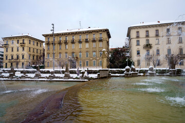 Naklejka premium Milan, Italy: the modern Citylife park with snow