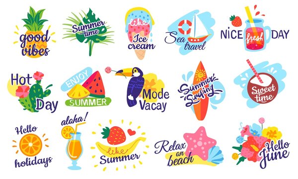 Summer lettering. Holiday, vacation labels, beach party badges with fruit cocktails, tropical leaves, yacht, seashell, flowers, watermelon. Summertime logo vector set. Hot day and good vibes