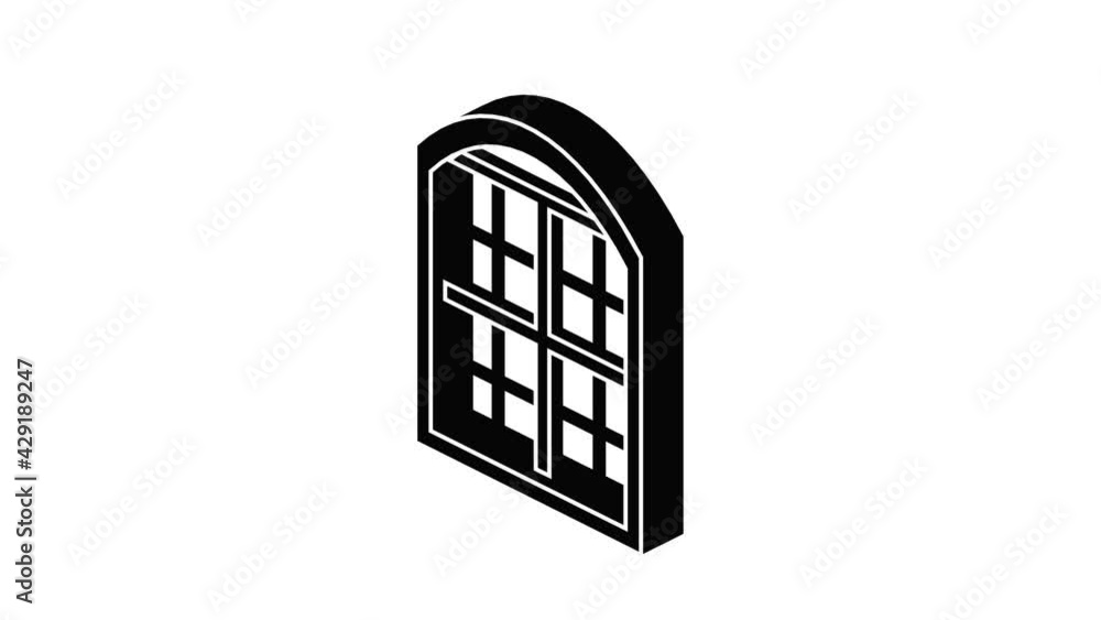 Poster restaurant window frame icon animation isometric black object on white background