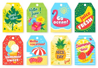 Summer tags. Summertime labels with watermelon, strawberries. Gift tag with fruits, flowers, tropical leaves, ice cream, beach, ocean. Holiday vacation card label vector. Bright elements with fruit
