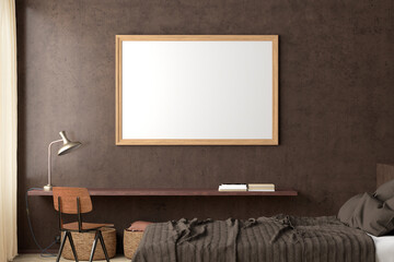 Horizontal blank poster frame mock up on the brown concrete wall in the industrial style interior of bedroom.