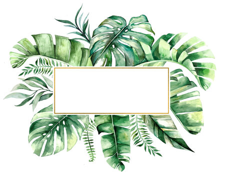 Watercolor tropical leaves frame illustration