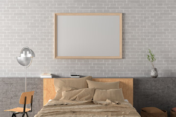 Horizontal blank poster frame mock up on the white brick wall in interior of loft bedroom.