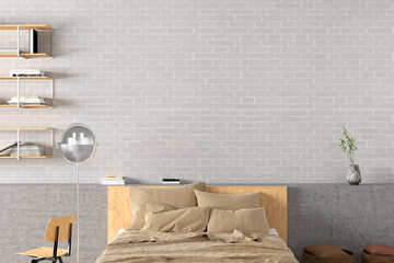 Blank white brick wall of loft style bedroom mock up.