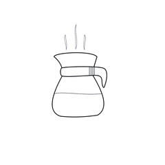Open teapot with boiling water. Outline drawing. Black contour. Vector illustration. Design Elements.