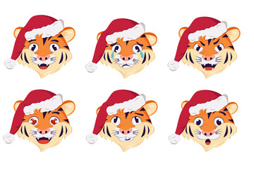 Set of New Year tiger symbol with emotions of happy, sad, anger. Holiday symbol in a red Christmas cap. Festive decoration. The face of an orange striped animal