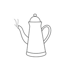 Teapot with boiling water on white background. Outline drawing. Black contour. Vector illustration. Design Elements.