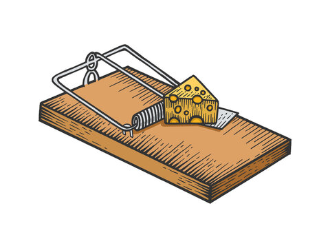 Mousetrap with cheese color sketch engraving vector illustration. Scratch board style imitation. Black and white hand drawn image.