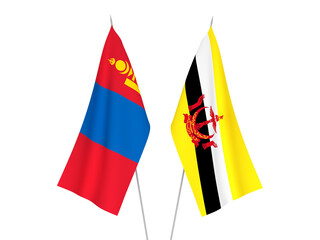 National fabric flags of Mongolia and Brunei isolated on white background. 3d rendering illustration.