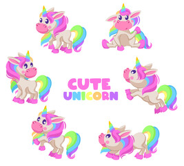 Cute unicorns. Cartoon fairy baby pony in various postures, funny magic horse with horn and rainbow mane isolated vector kids characters. Lovely animals with colorful bright hair and horn
