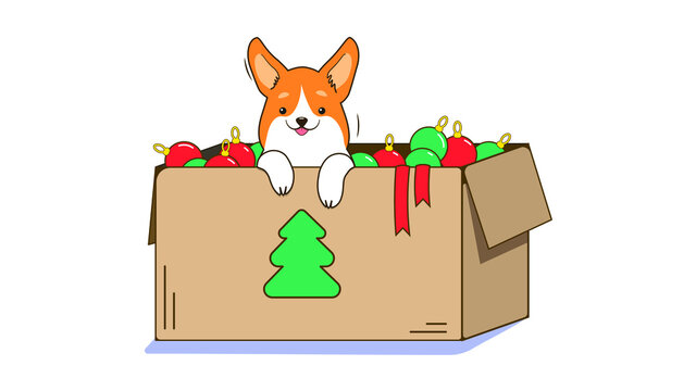 A cute corgi sits in a toy box. Isolated vector image in eps format.