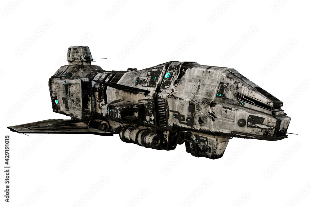 Poster 3D rendering of a dirty old sci-fi space ship isolated on white and seen from front left.