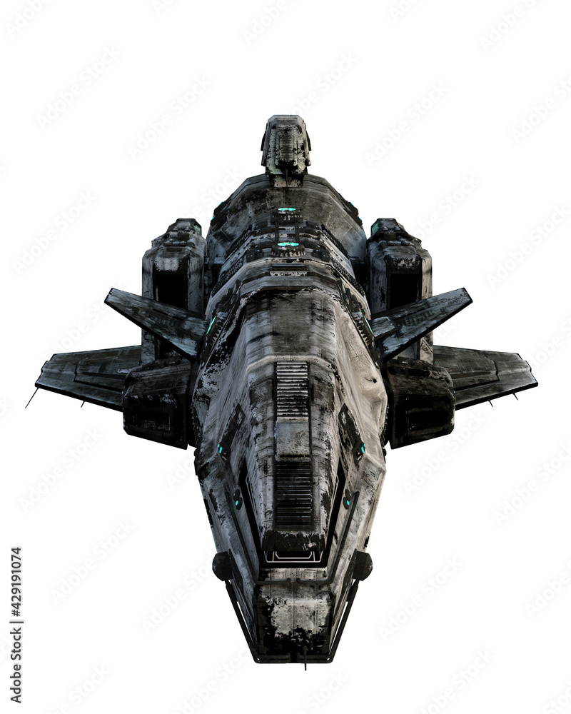 Poster 3D rendering of a dirty old sci-fi space ship isolated on white viewed from above the front.