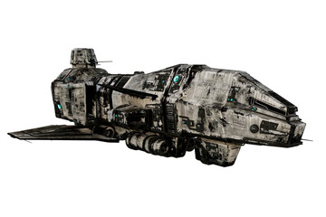 3D rendering of a dirty old sci-fi space ship isolated on white and seen from front left. © IG Digital Arts
