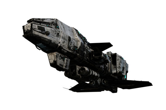 3D Rendering Of A Dirty Old Sci-fi Space Ship Isolated On White And Seen From Underneath.