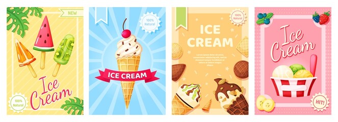 Ice cream poster. Cold summer desserts promotional banner. Flyer template with vanilla, chocolate sundae, fruit ice, popsicle for shop, cafe menu, restaurant vector set. Natural product advertisement