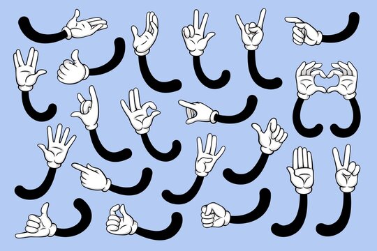 Cartoon hands. Hand palm in white gloves in various gestures. Love, ok and victory, thumb up signs vector isolated set. Pointing finger, body language communication. Hand movements