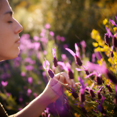 Young girl picking up lavender flowers