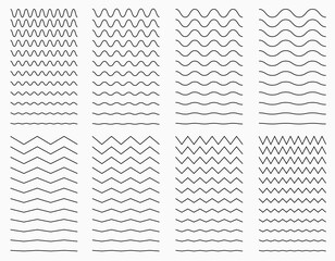 Wavy curvy and zigzag horizontal lines. Vector set for graphic elements.