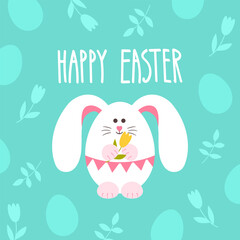 Postcard with the wish of Happy Easter. Egg-rabbit with tulips in its paws. Vector image of a rabbit with congratulations text.