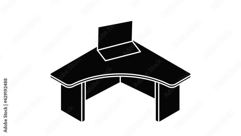 Poster office table icon animation isometric black object on white background