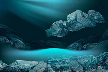 creative background of PET plastic bottles and single-use plastic bags floating in sea or ocean...