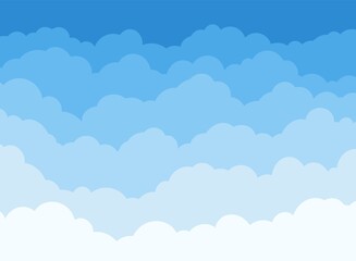 Sky and clouds. Cartoon cloudy pattern, flat air scene panorama for banner, comic cover and poster vector wallpaper background, texture. High cloudscape with light color fluffy heaven - obrazy, fototapety, plakaty