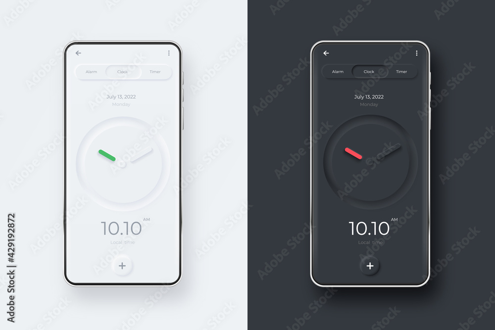 Wall mural neumorphic ui kit on smartphone screen. clock on black and white smartphone template. mobile interfa