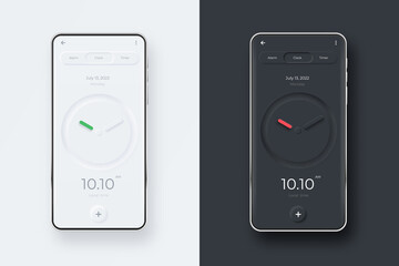 Neumorphic UI kit on smartphone screen. Clock on black and white smartphone template. Mobile interface app. UI template