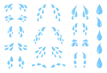 Cartoon tears. Sweat or crying fluid, falling blue water drops. Raindrops isolated vector set for sorrowful character weeping expression. Wet grief droplets, emotional blobs and drips