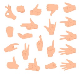 Hand gestures. Male hands with various signs. Ok, victory and like, dislike. Counting fingers, holding arm flat isolated vector set. Pointing finger, showing numbers and direction with forefinger