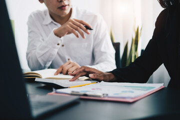 Group of Businesswoman and Accountant checking data document on digital tablet for investigation of corruption account . Anti Bribery concept