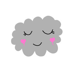 Cute cloud vector illustration drawing. artoon cloud with cute face, print or icon. Isolated on white background.